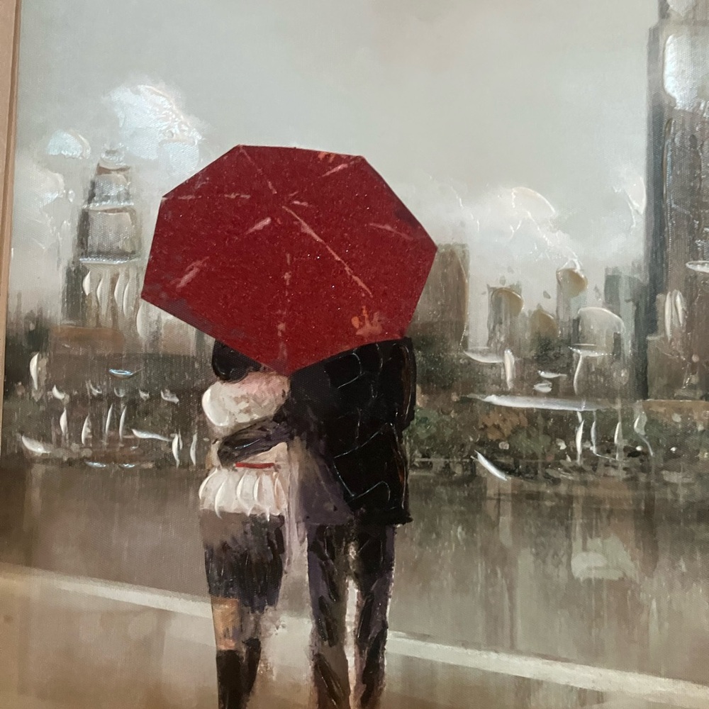 Romantic Cityscape Art with Red Umbrella